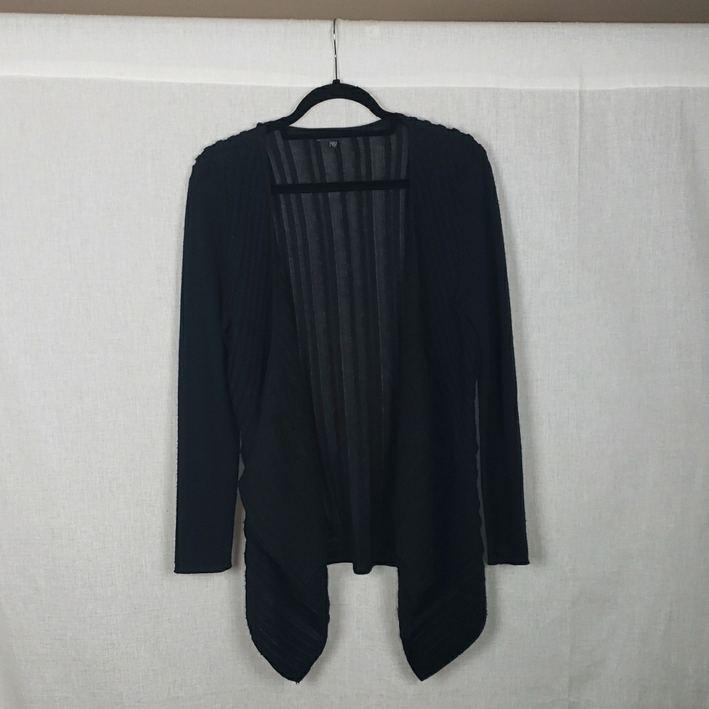 Eileen‎ Fisher Black Open Front Cardigan M Asymmetrical Hem Ribbed Casual Cozy